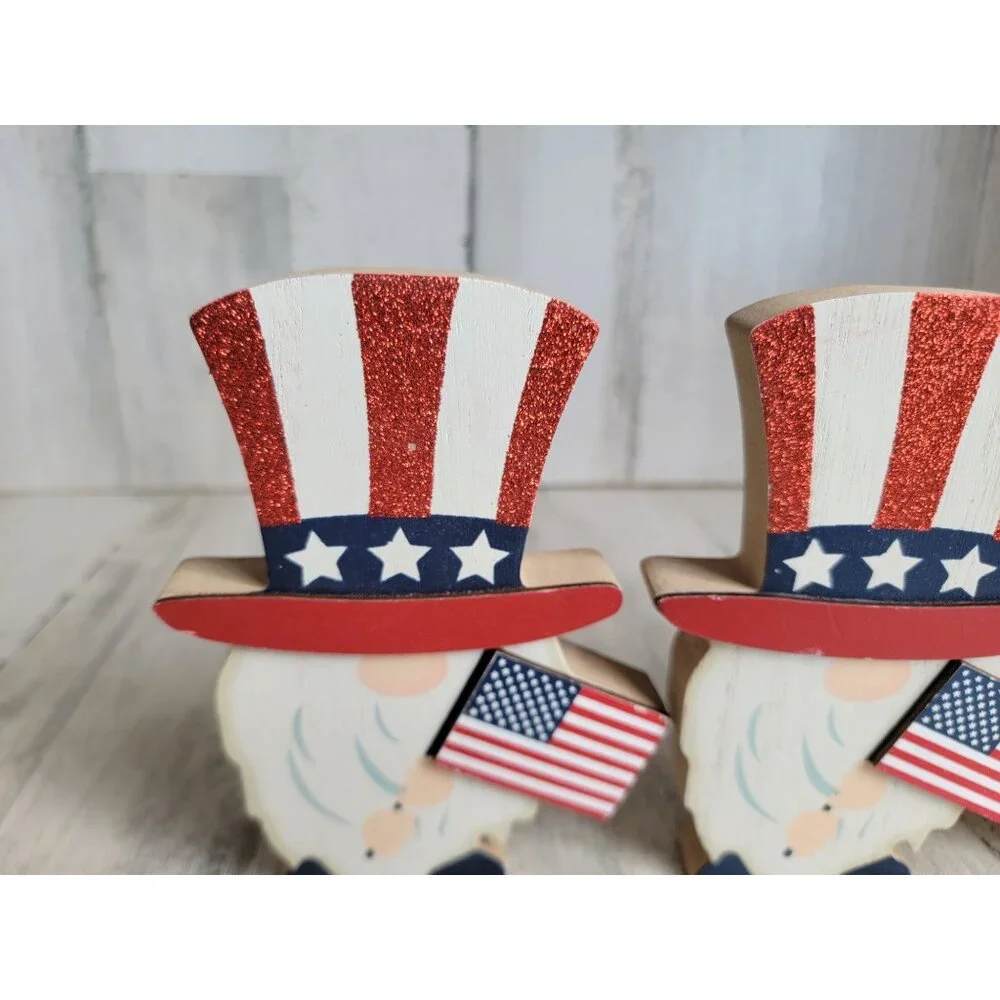 Wooden 4th of‎ July gnome glitter USA set figure decor flag
